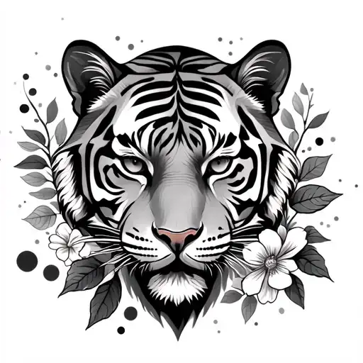 a tiger's head with leaves and flowers in front of it and dots behind it - Variation 2