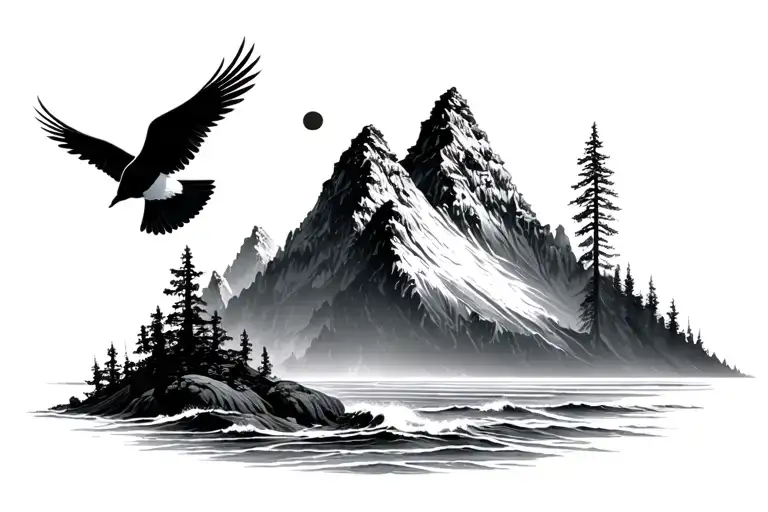 mountain trees ocean birds - Variation 3