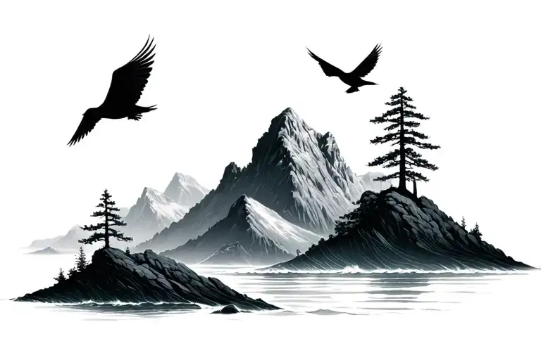 mountain trees ocean birds - Variation 4