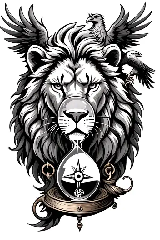 lion face over a hourglass compass with a phoenix