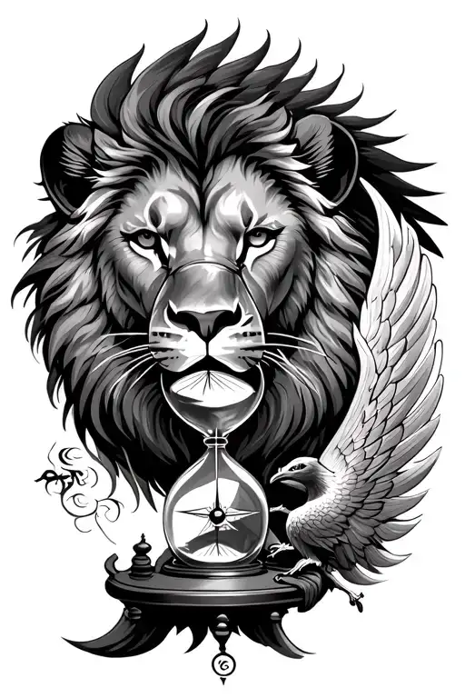 lion face over a hourglass compass with a phoenix - Variation 2