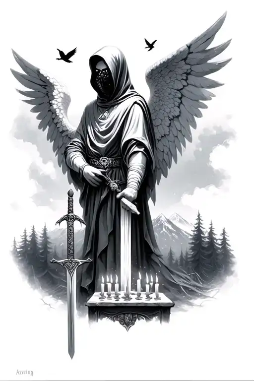Angel in a hood and a mask with a sword against a background of forest and mountains, small birds, in front of an angel Altar with candles