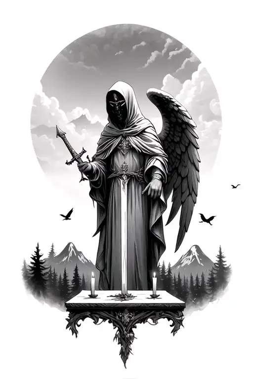 Angel in a hood and a mask with a sword against a background of forest and mountains, small birds, in front of an angel Altar with candles - Variation 2