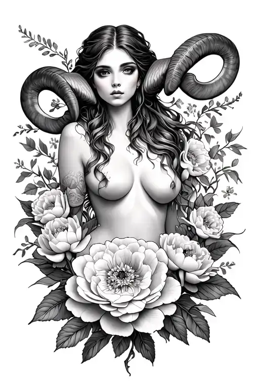 Aries sexy goddess surrounded by peony flowers growing