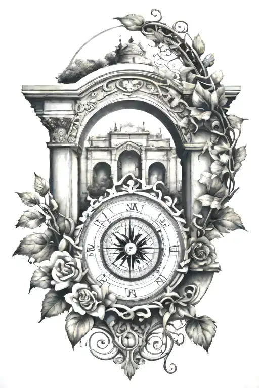 Arch monument with vines wrapping around the arch, and a compass integrated inside the arch. - Variation 2
