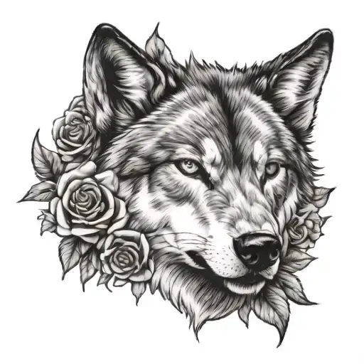 wolf face surrounded by roses - Variation 2