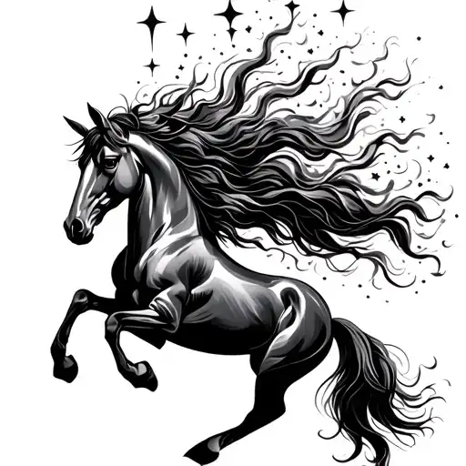 A graceful horse with an elegant posture, its mane transforming into stars as it flows toward the sky