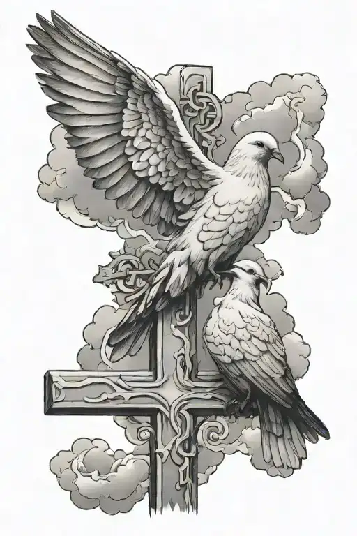 dove and raven on cross with clouds