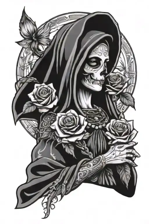 VIRGIN MARY AS SKELTON WEARING HAWAIIAN SHIRT WITH BULLETS MISSILES ROSES