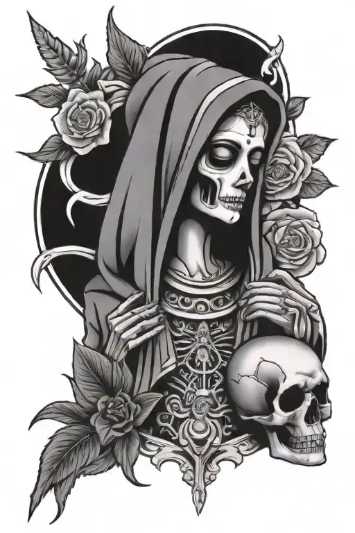 VIRGIN MARY AS SKELTON WEARING HAWAIIAN SHIRT WITH BULLETS MISSILES ROSES - Variation 2