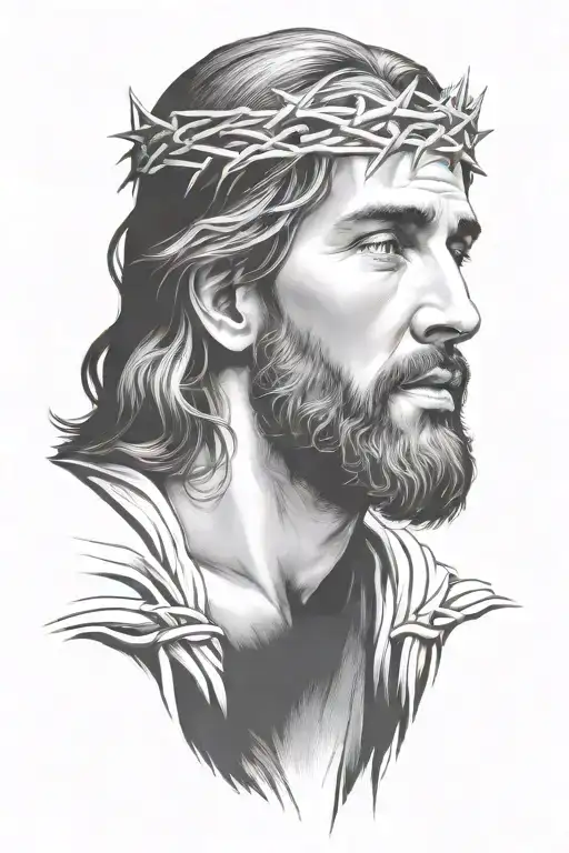 Hyper realistic portrait of Jesus Christ with a crown of thorns looking down 