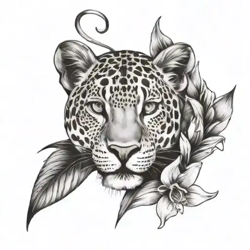 create a abstract tattoo with the word grace, a leopard, leaves and iris flowers
