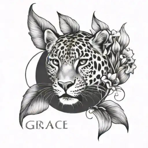 create a abstract tattoo with the word grace, a leopard, leaves and iris flowers - Variation 2