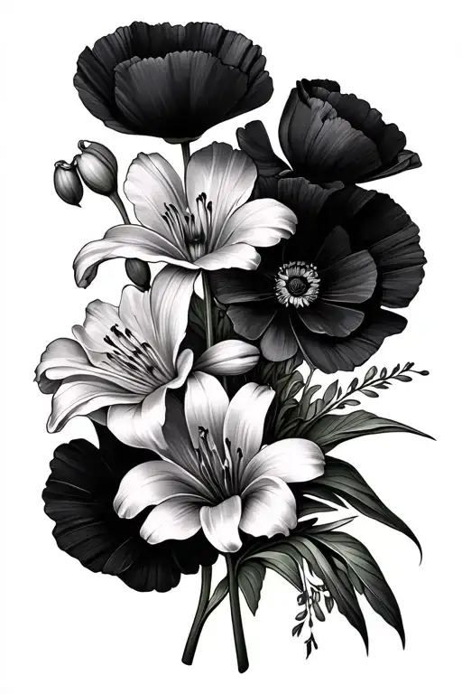 A bouquet of flowers with only poppies, scilla nana and lilies