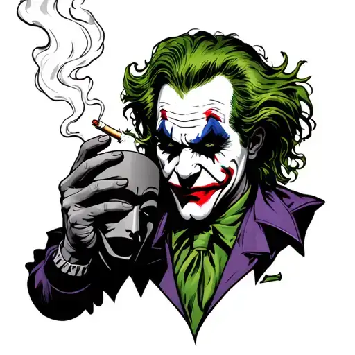 The Joker who smokes a cigarette charismatically, holding a mask in his left hand of a sad clown