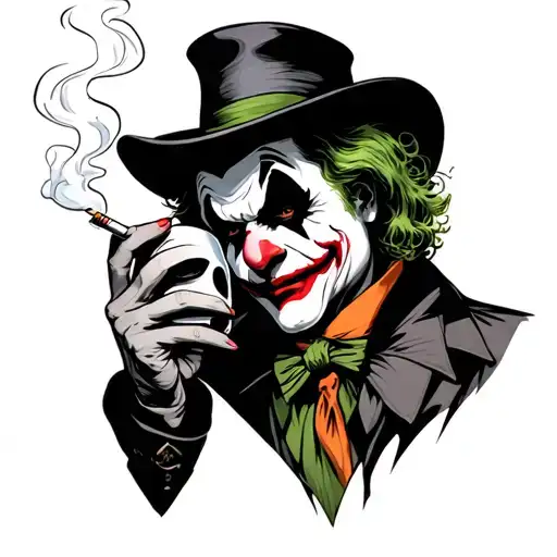 The Joker who smokes a cigarette charismatically, holding a mask in his left hand of a sad clown - Variation 2