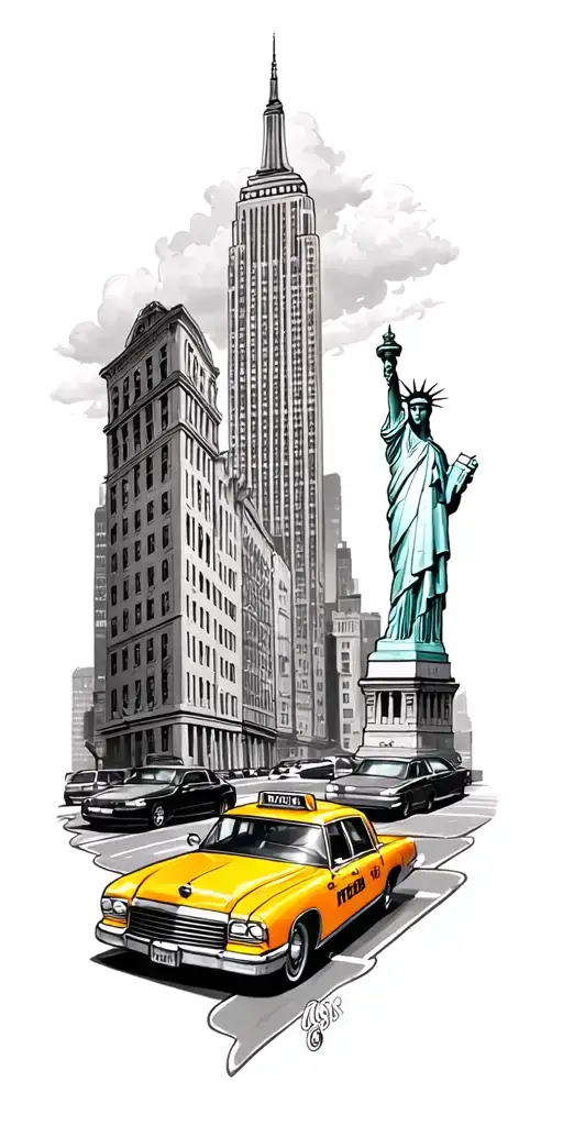 new york inspired tattoo design incorporating yellow taxi, Empire State Building, Statue of Liberty, 5th avenue - Variation 4
