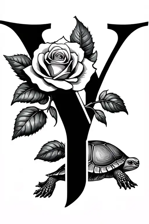 The letter Y, a rose on the left and a smaler turtle in the background on the right - Variation 3