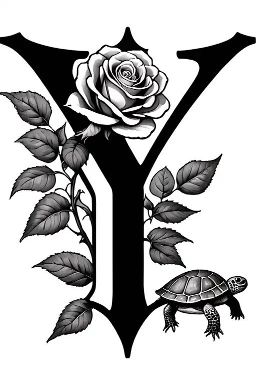 The letter Y, a rose on the left and a smaler turtle in the background on the right - Variation 4