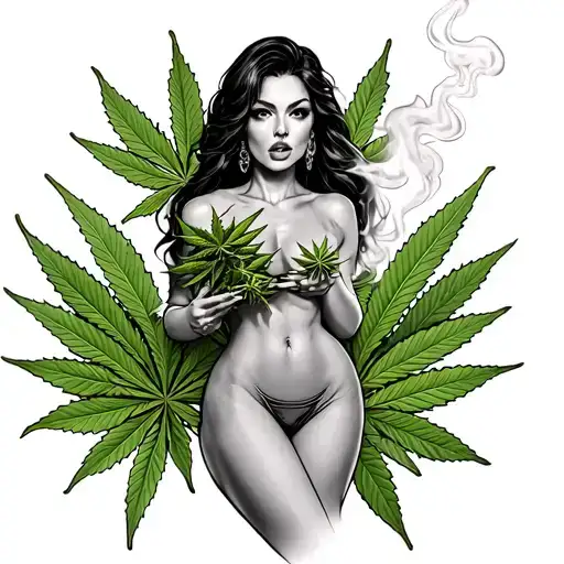Show me a tattoo of a hot woman smoking marijuana on her butt, with marijuana leaves in the background.