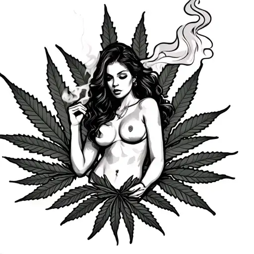 Show me a tattoo of a hot woman smoking marijuana on her butt, with marijuana leaves in the background. - Variation 2