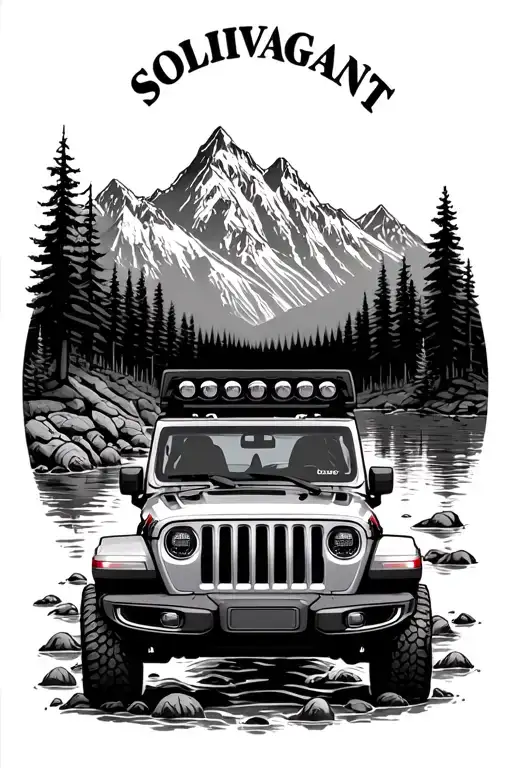 "Solivagant" "Solivagant" "Solivagant" "Solivagant" topless jeep wrangler in wilderness creek and mountains joined together - Variation 3