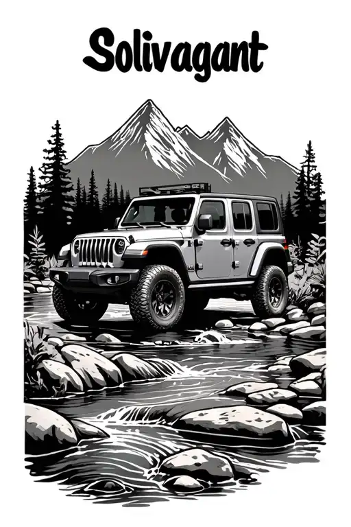 "Solivagant" "Solivagant" "Solivagant" "Solivagant" topless jeep wrangler in wilderness creek and mountains joined together - Variation 4