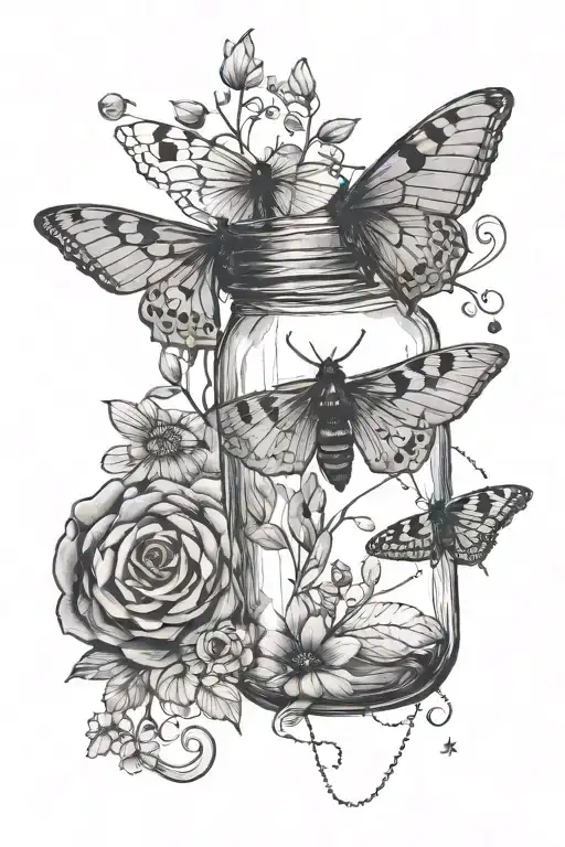 minimalist tattoo showing a chipped mason jar at the bottom and a pretty, lunar moth flying nearby, celestial things too