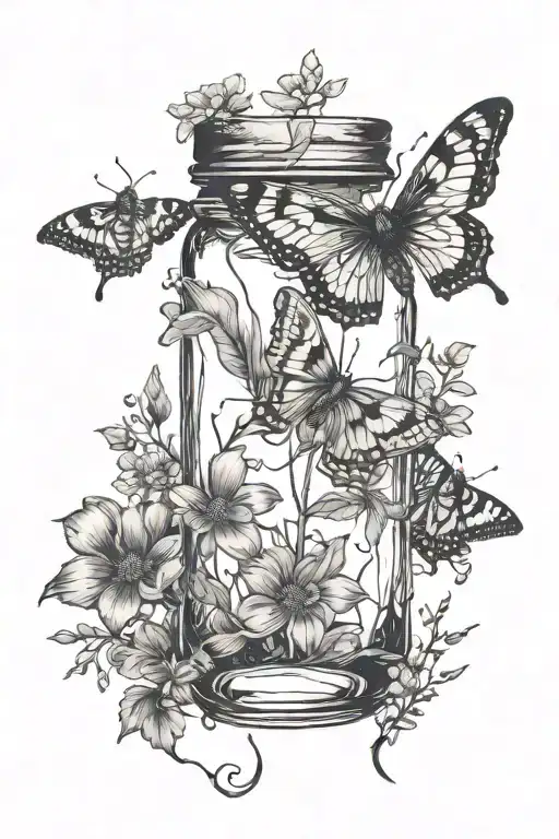 minimalist tattoo showing a chipped mason jar at the bottom and a pretty, lunar moth flying nearby, celestial things too - Variation 2