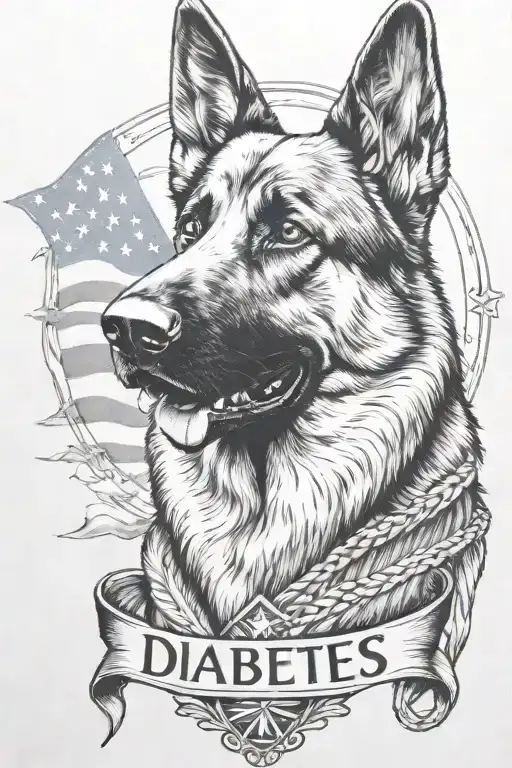 German shepherd portrait with bracelet saying "diabetes" mountain scene American flag - Variation 2