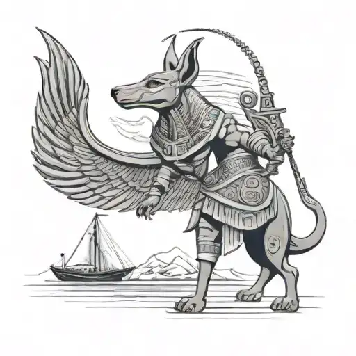 A fusion of Egyptian and Viking symbolism, featuring Anubis and a Viking ship sailing on the Nile River