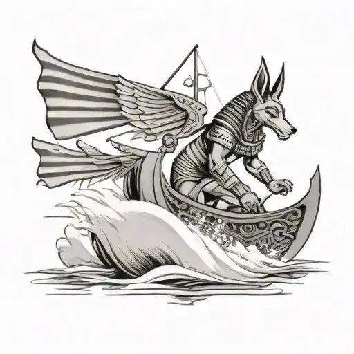 A fusion of Egyptian and Viking symbolism, featuring Anubis and a Viking ship sailing on the Nile River - Variation 3