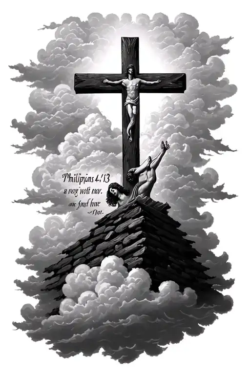 Philippians 4:13 verse written out with clouds, Jesus, cross