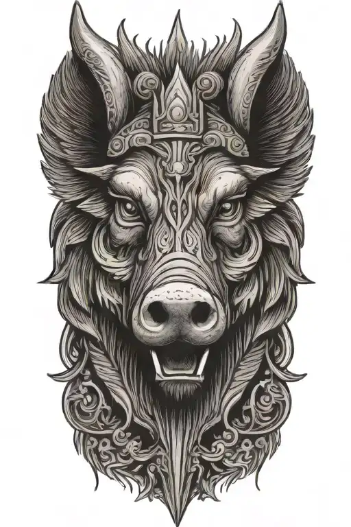 crowned boar face and wings spread in background