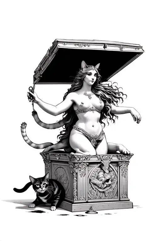 greek mythos with pandora opening her box with 2 cats leaping from the box - Variation 2