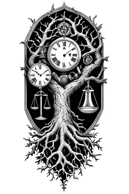 tree of life with roots intertwined  with libra scales, v-twin engine and a old clock - Variation 2