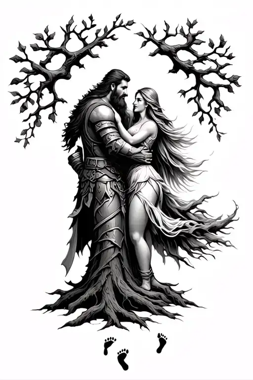 viking warrior and valkyrie wife embracing and viking warrior beard turns into tree of life with two footprints in the l