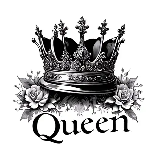 A crown with feminine linings. vertical symmetry. below place the text "Queen" - Variation 2