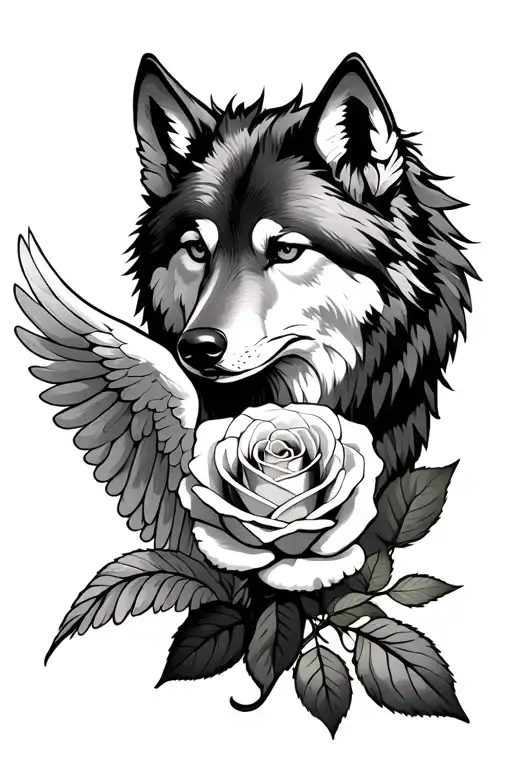 sad wolf with one wing hold rose flower - Variation 2