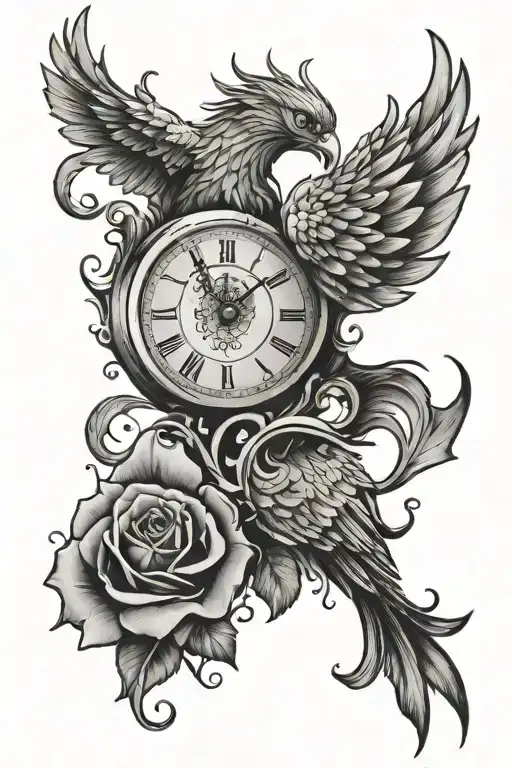 a phoenix on top of a clock with a rose on the side