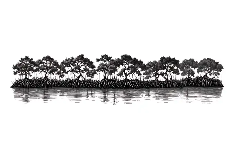 red mangroves in line next to each other, more naturally accurate root systems and leaves showing,  no color