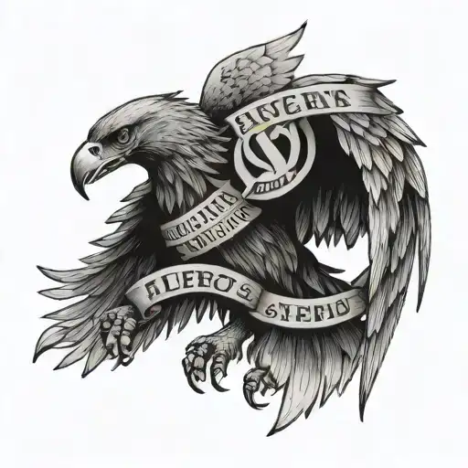 A tattoo design of a fierce eagle clutching a banner with the Latin phrase 'flectere si nequeo supros acheronta movebo' in its talons - Variation 3