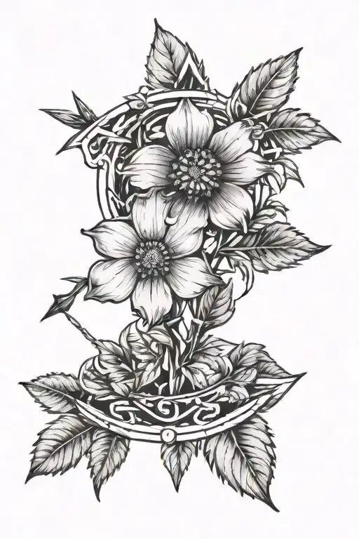 Cherokee Rose, 7 pointed star surrounded by oak leaves with arrow and feathers - Variation 2