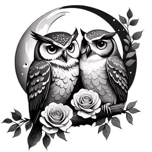 two owls in love to the moon with a rose - Variation 2