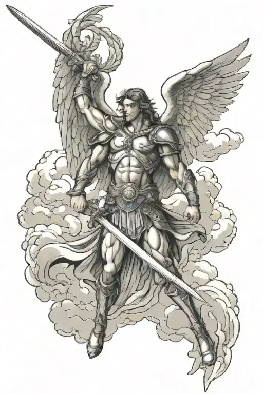 St Michael archangel in clouds muscle with sword