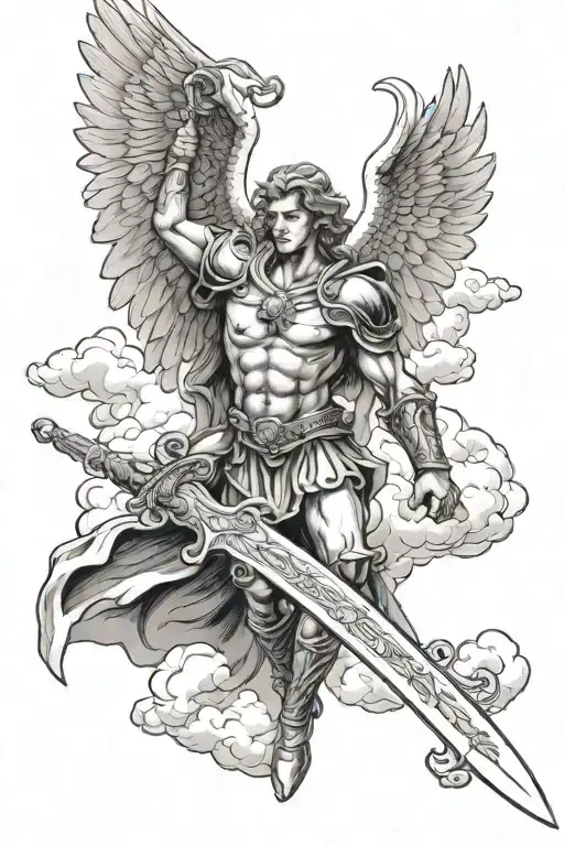 St Michael archangel in clouds muscle with sword - Variation 2