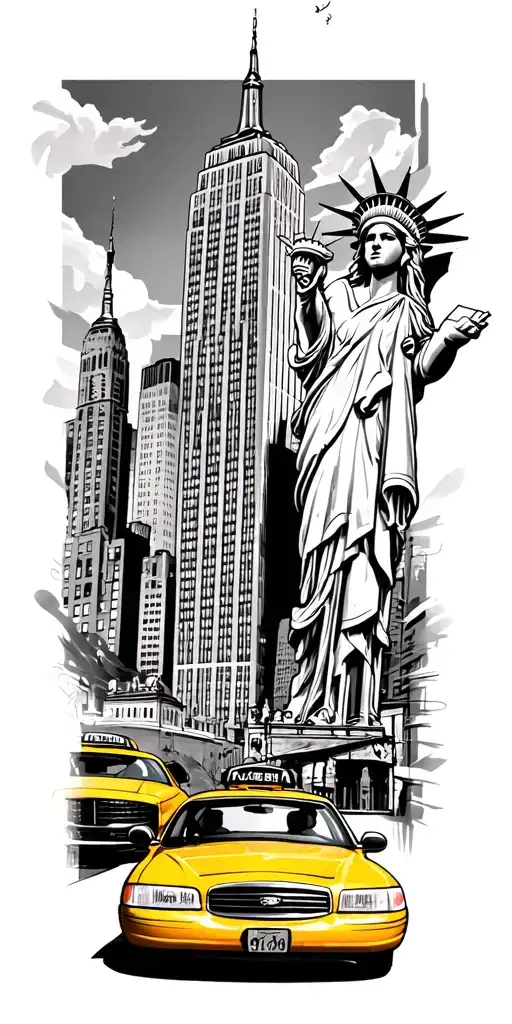 new york inspired tattoo design incorporating yellow taxi, Empire State Building, Statue of Liberty, 5th avenue