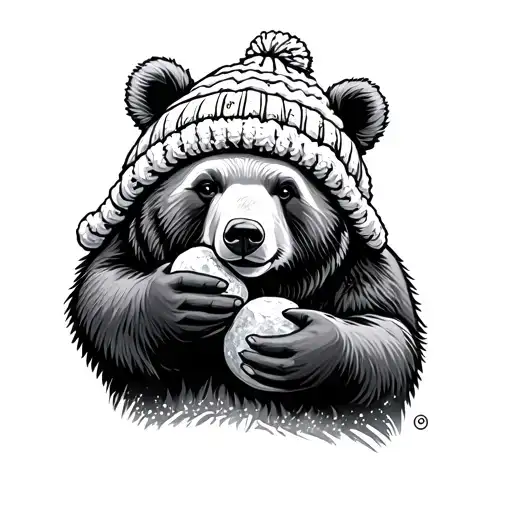 bear wearing winter hat holding pebble