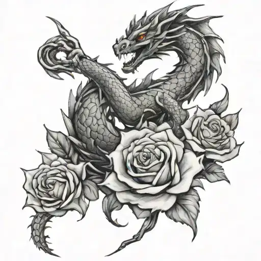 dragon behind blooming rose