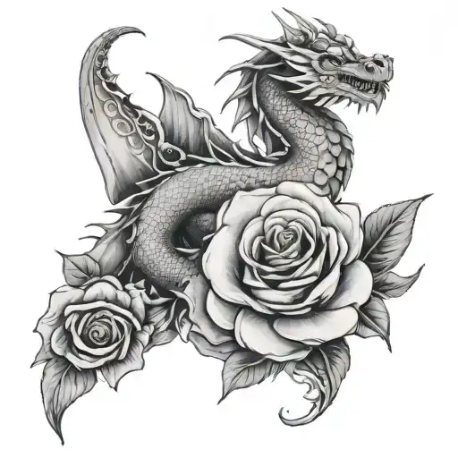 dragon behind blooming rose - Variation 2